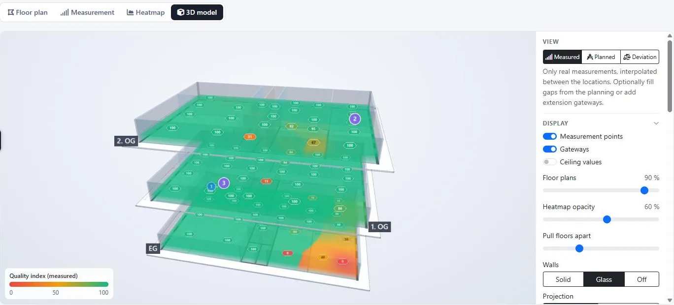 3D coverage model of a three-storey office building in LoRaMapper